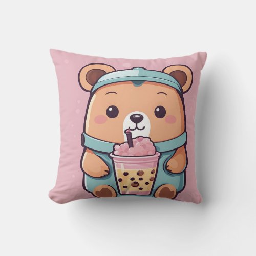 Cute Bubble Tea Bear Illustration  Kawaii Style Throw Pillow