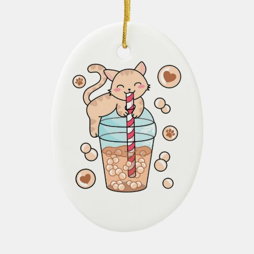 Cute Bubble Tea Cat Japanese Anime Pet Lover Ceramic Ornament