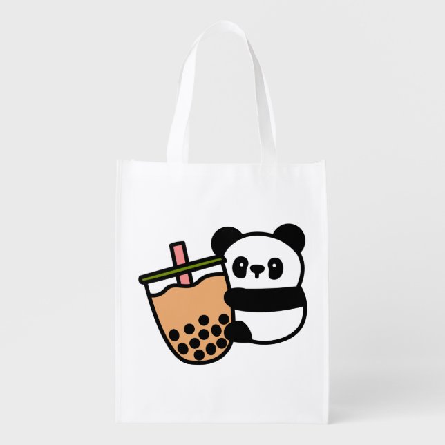 Cute Bubble Tea & Panda Bear  Grocery Bag (Front)