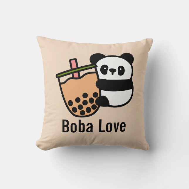 Cute Bubble Tea & Panda Bear Throw Pillow (Front)
