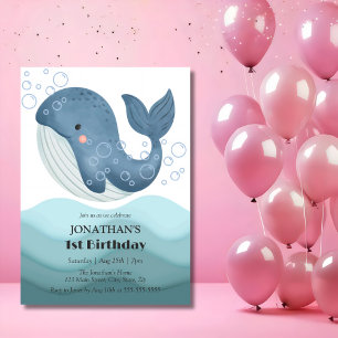Cute Bubble Whale Ocean Wave Birthday  Invitation