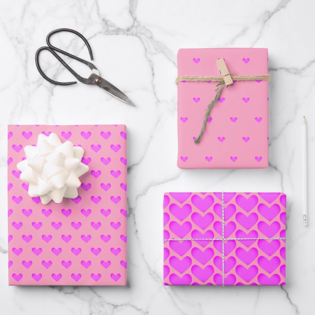 Cute Bubblegum Pink Lilac Love Hearts Valentines Wrapping Paper Sheets (Front)