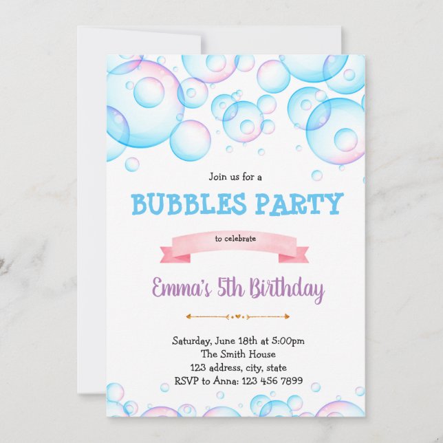 Cute bubbles birthday party invitation (Front)