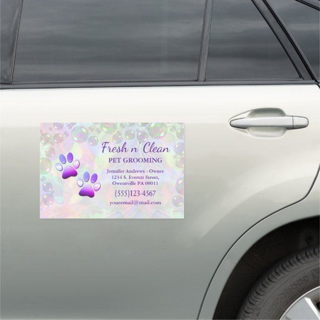 Cute Bubbles Holograph Dog Paw Grooming Service Car Magnet (In Situ)