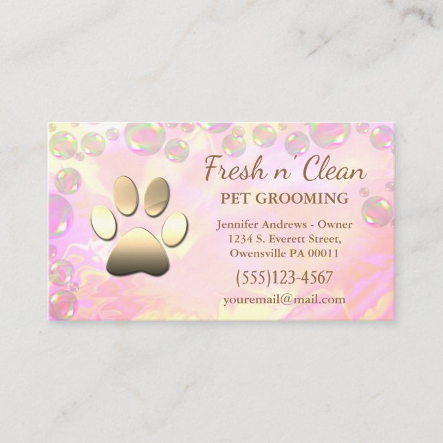 Cute Bubbles Incandescent Dog Paw Grooming Service Business Card (Front)