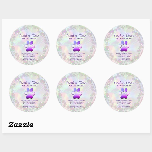 Cute Bubbles Incandescent Dog Paw Grooming Service Classic Round Sticker (Sheet)