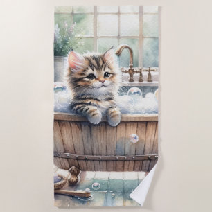 Cute Bubbly Kitten Bath Time Beach Towel
