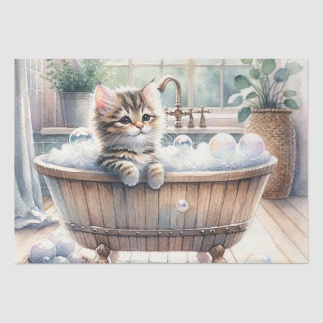 Cute Bubbly Kitten Bath Time Decoupage Tissue Paper (Front)