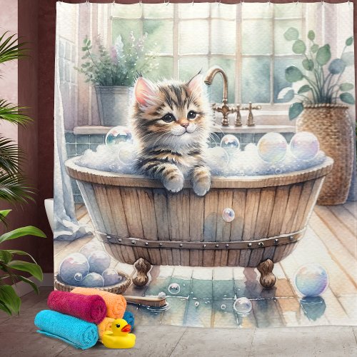 Cute Bubbly Kitten Bath Time Shower Curtain