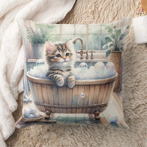 Cute Bubbly Kitten Bath Time  Throw Pillow