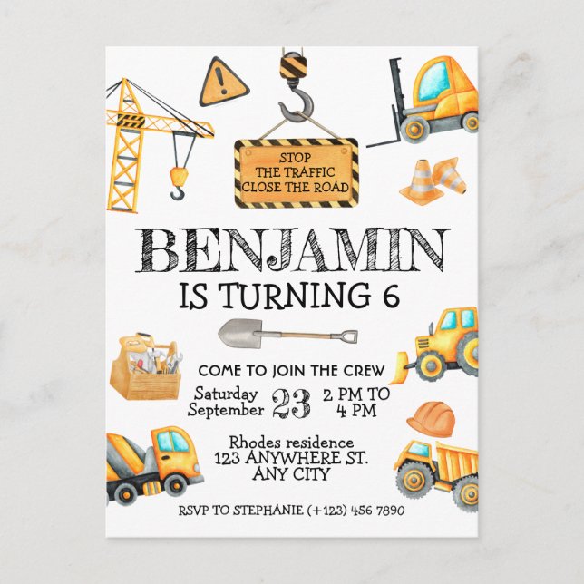 Cute budget Construction Birthday party Postcard (Front)