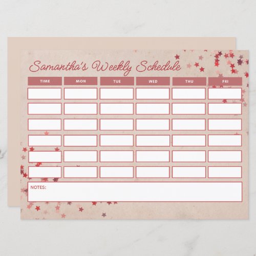 Cute Budget Girly Pink Stars Weekly Class Schedule