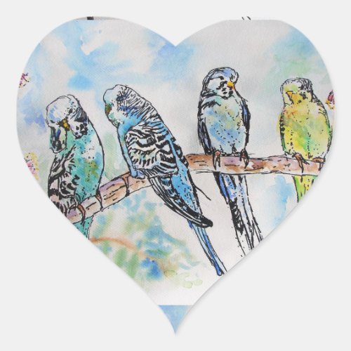 Cute Budgie budgies bird Watercolour Art Heart Sticker