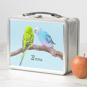 Cute budgie couple - personalizable metal lunch box