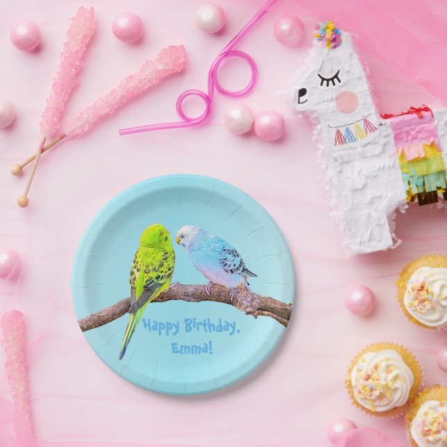 Cute budgie couple - personalizable paper plates (Party)