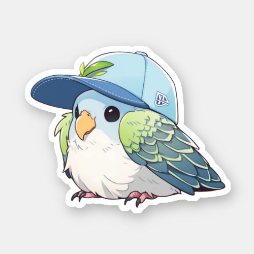 Cute budgie wearing a baseball cap sticker