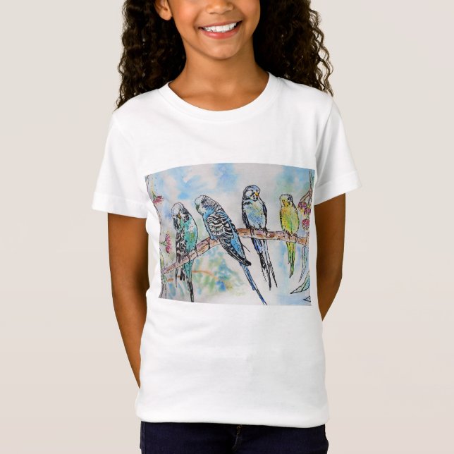 Cute Budgie Whimsical Watercolor Girls T Shirt (Front)
