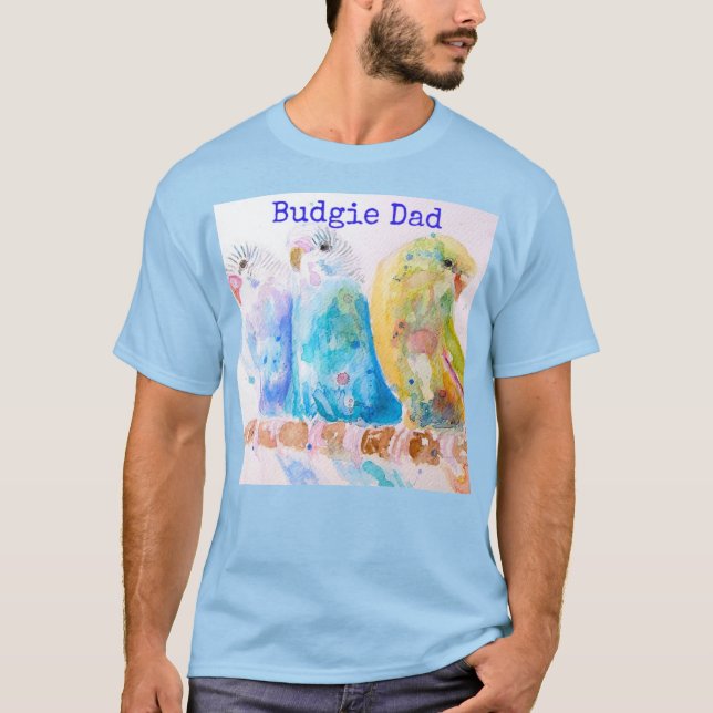 Cute Budgie Whimsical Watercolor Mans Dad T Shirt (Front)