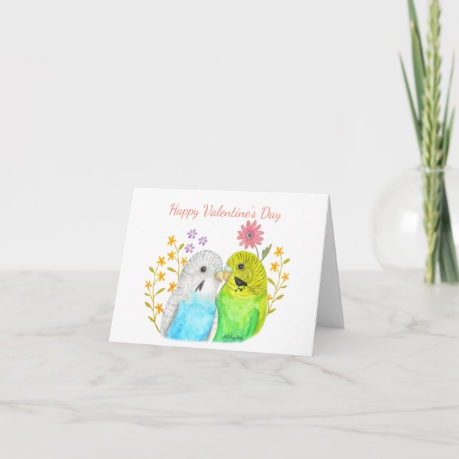 Cute Budgies Blue Green Yellow Happy Valentines  Card (Front)