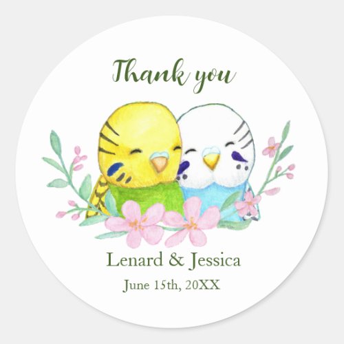 Cute Budgies Couple Custom Wedding Favor gift Classic Round Sticker