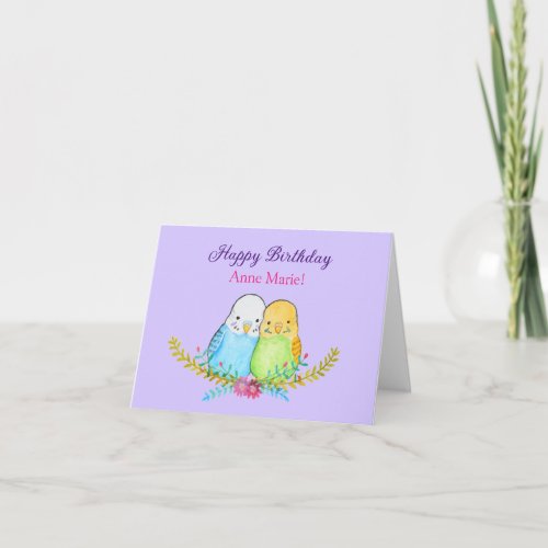 Cute Budgies Customizable Name Happy Birthday Card