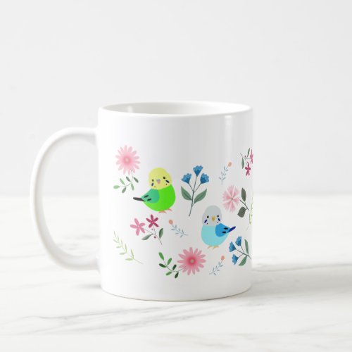 Cute Budgies Parakeet with Flowers Pretty Birds Coffee Mug
