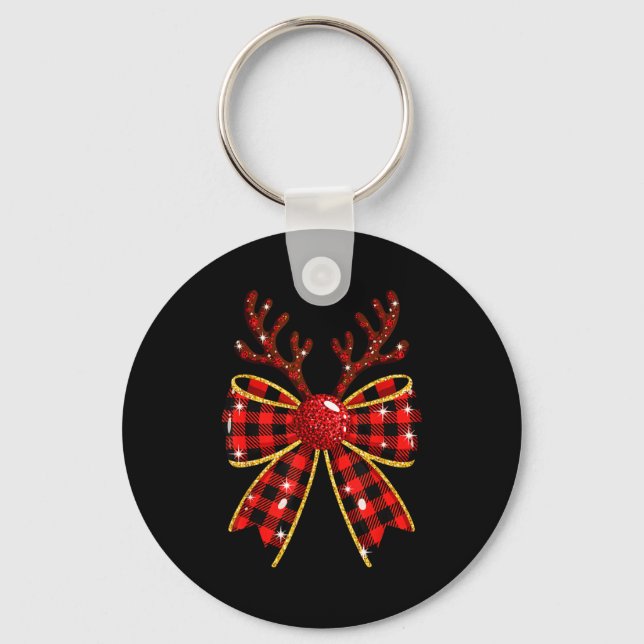 Cute Buffalo Plaid Coquette Bow Reindeer Christmas Keychain (Front)