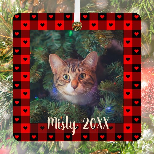 Cute Buffalo Plaid Hearts Custom Cat Pet Christmas Metal Ornament