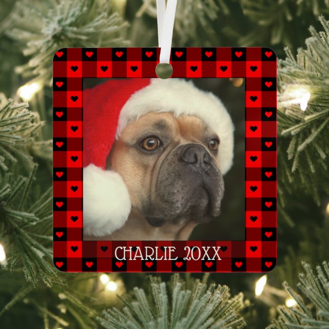Cute Buffalo Plaid Hearts Custom Dog Pet Christmas Metal Ornament (Insitu)