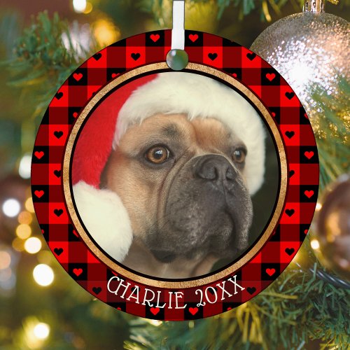 Cute Buffalo Plaid Hearts Custom Dog Pet Christmas Metal Ornament