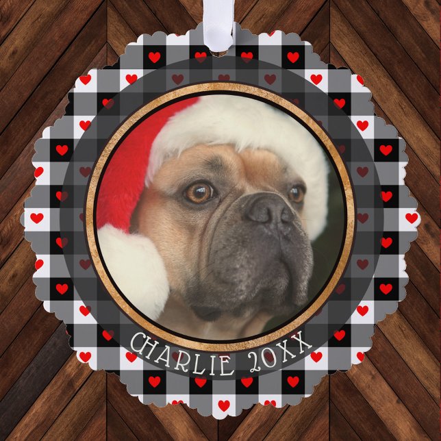 Cute Buffalo Plaid Hearts Custom Dog Pet Christmas Ornament Card (Creator Uploaded)