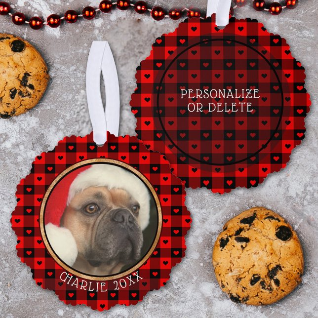 Cute Buffalo Plaid Hearts Custom Dog Pet Christmas Ornament Card (Creator Uploaded)