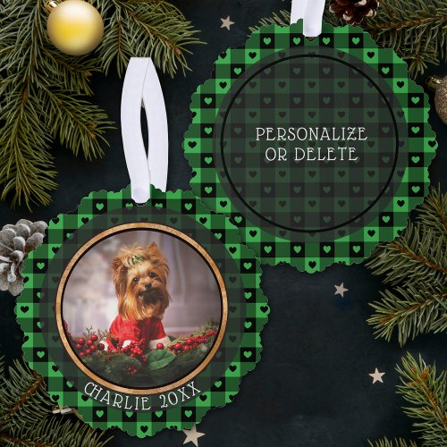 Cute Buffalo Plaid Hearts Custom Dog Pet Christmas Ornament Card
