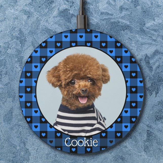   Cute Buffalo Plaid Hearts Dog Photo Pet Memorial Wireless Charger (Creator Uploaded)