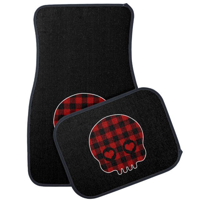 Cute Buffalo Plaid Skull Car Floor Mat (Set)