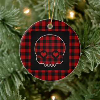 Cute Buffalo Plaid Skull Ceramic Ornament