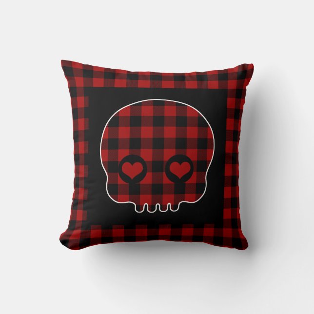 Cute Buffalo Plaid Skull Throw Pillow (Front)