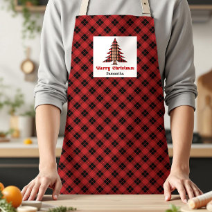 Cute Buffalo Plaid Tree Custom Name Holiday Baking Apron