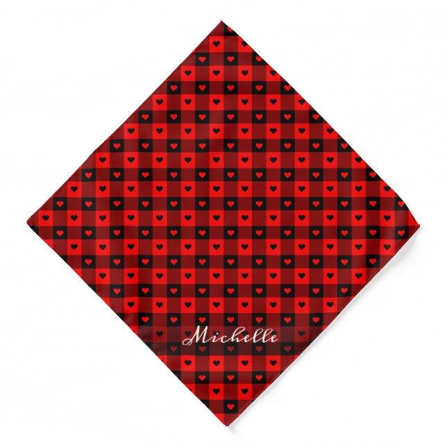 Cute Buffalo Plaid With Hearts And Custom Name Bandana (Front)