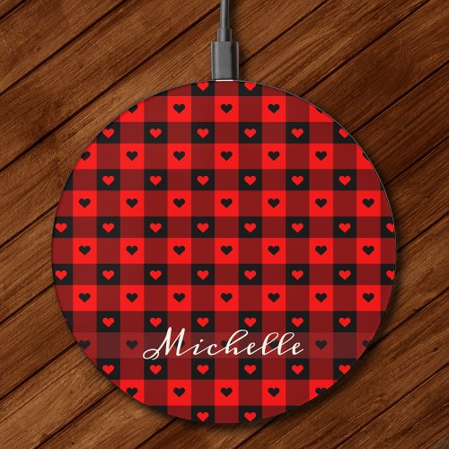     Cute Buffalo Plaid With Hearts Red Custom Name Wireless Charger