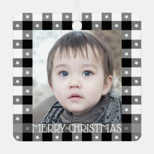 Cute Buffalo Plaid With Stars Custom Name & Photo Metal Ornament