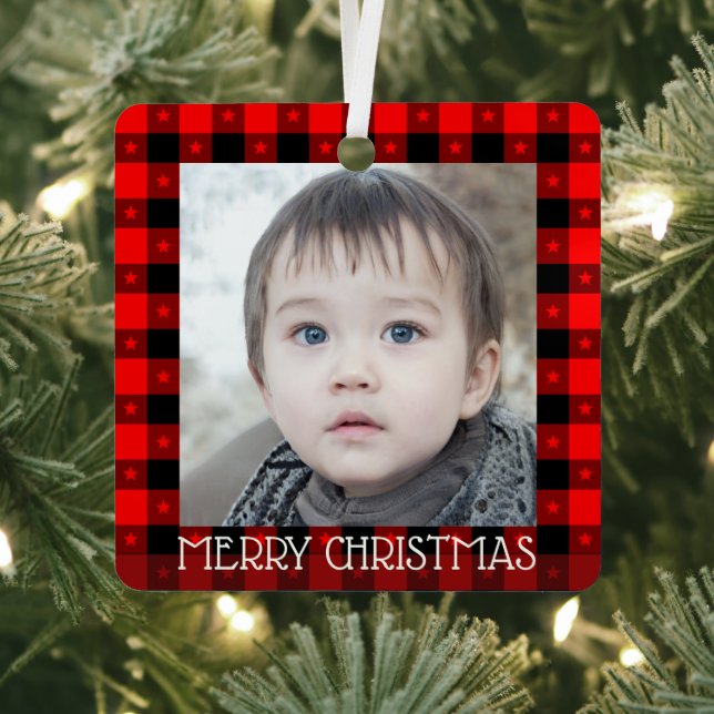 Cute Buffalo Plaid With Stars Custom Name & Photo  Metal Ornament (Insitu)