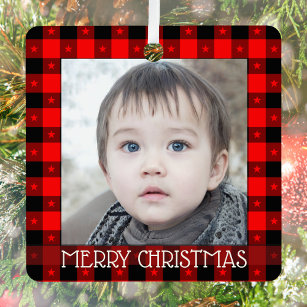 Cute Buffalo Plaid With Stars Custom Name & Photo Metal Ornament