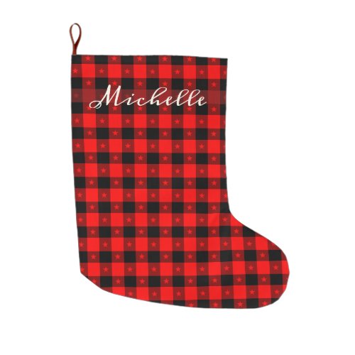 Cute Buffalo Plaid With Stars Name To Personalize Large Christmas Stocking