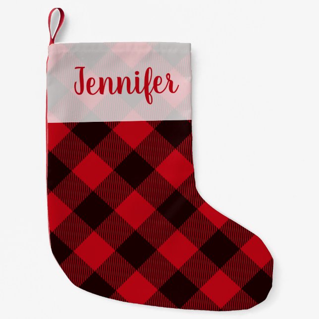 Cute Buffalo Red Plaid Script Holiday Small Christmas Stocking (Front)