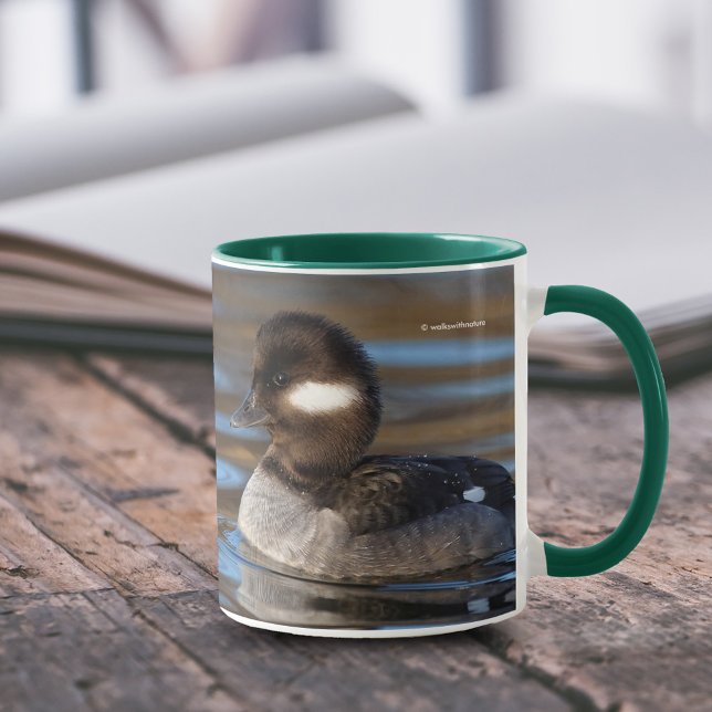 Cute Bufflehead Duck on Sunlit Pond Mug (Cute Female Bufflehead Duck at the Pond 11 oz Coffee Mug Cover Photo.)