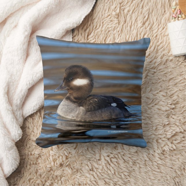 Cute Bufflehead Duck on Sunlit Waters Throw Pillow (Blanket)