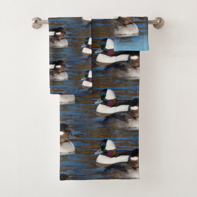Cute Bufflehead Ducks Lovebirds at Winter Pond Bath Towel Set (Insitu)
