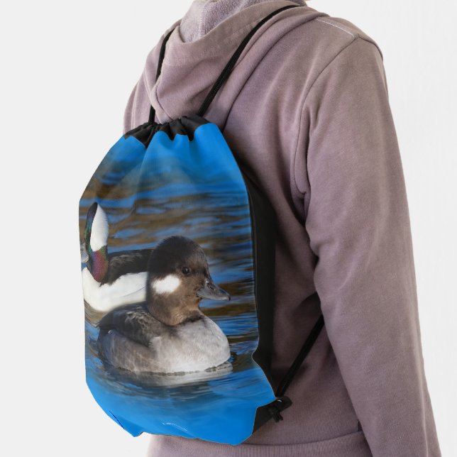 Cute Bufflehead Ducks Lovebirds at Winter Pond Drawstring Bag (Insitu)