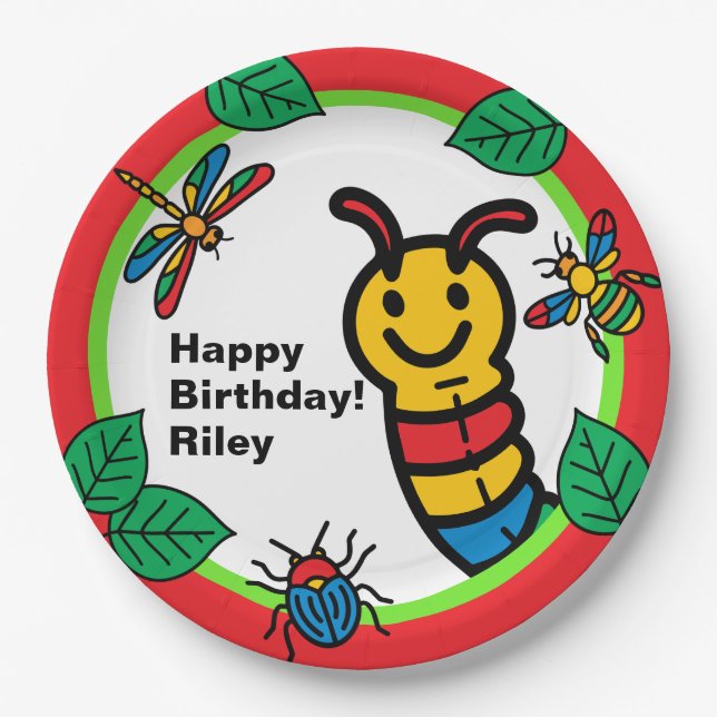 Cute Bug and Insect Kids Birthday Paper Plates (Front)